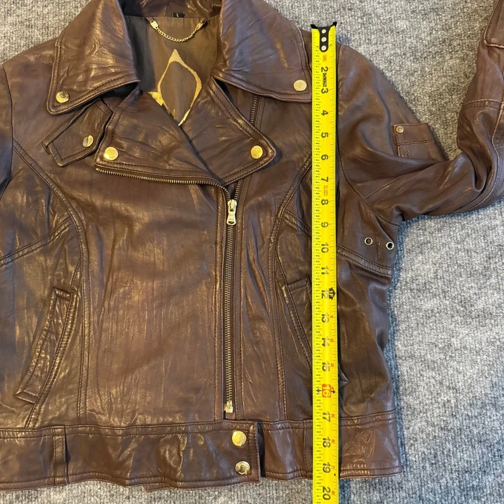 Y2K Guess Womens Brown Real Leather Moto Jacket Gold Zip & Snaps Pocket Size LG